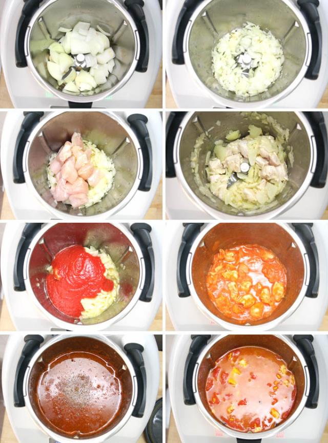 Preparación del arroz caldoso de pollo con especias en Thermomix