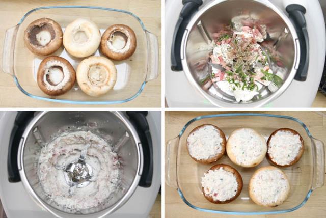 Preparacion de Champiñones rellenos de queso y bacon en Thermomix