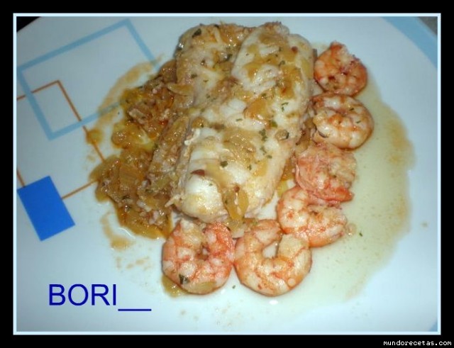 Receta de MERLUZA CON LANGOSTINOS Receta de MERLUZA CON LANGOSTINOS