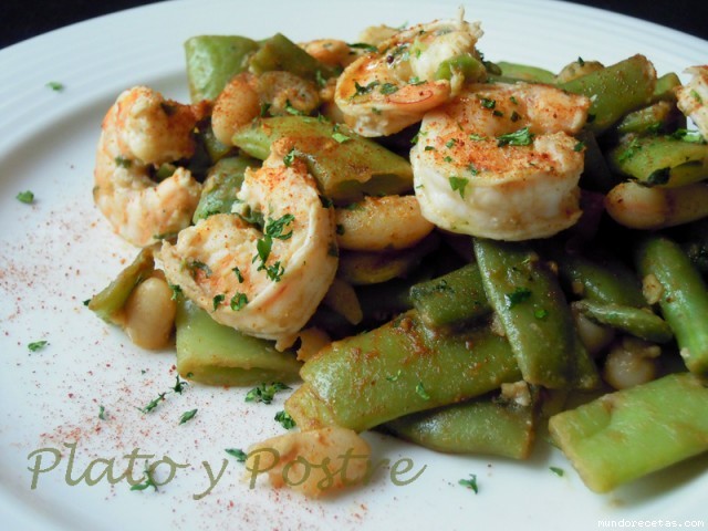 Receta de Salteado de Judías Verdes, Alubias y Langostinos Receta de Salteado de Judías Verdes, Alubias y Langostinos